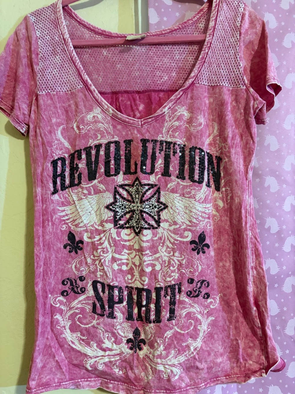 Revolution Pink Graphic Scoop Tee with Mesh Shoulders
